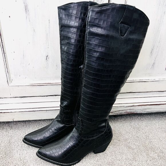 AMS Black Reptile Skin Vegan Leather Tall Knee High Riding Boots - Size 8 - Picture 1 of 10